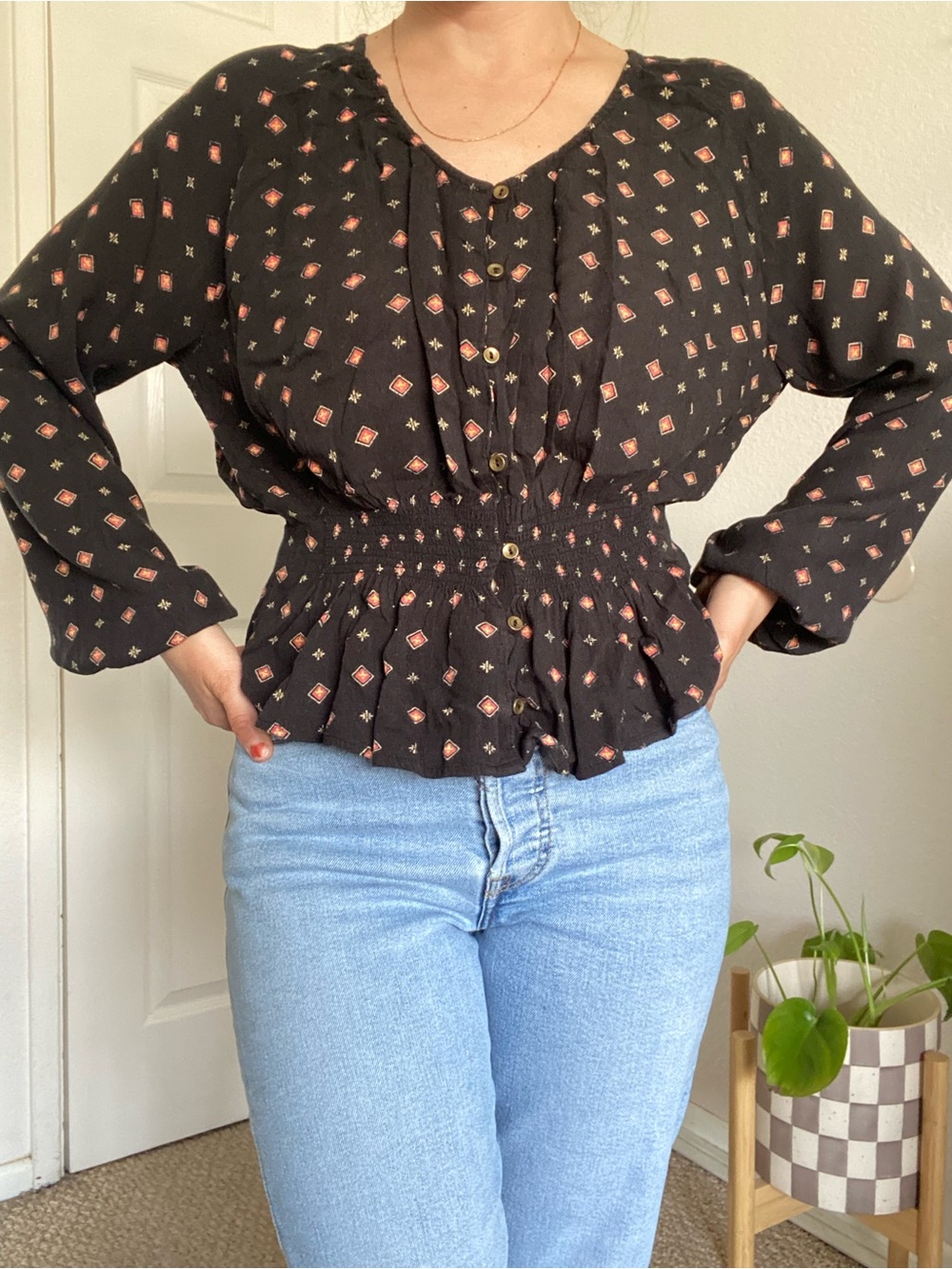 Billabong Black Smocked-Waist Button Front Peplum Blouse with Red & Cream Motif